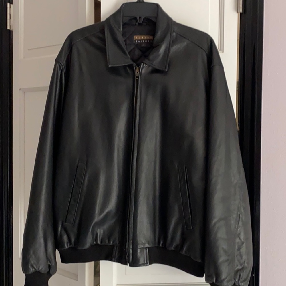 Robert Talbott men’s black leather jacket.